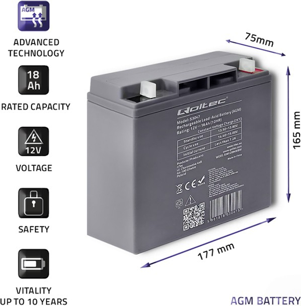 Akumulator Qoltec AGM 12V 18Ah max. 270A 53047 (5901878530475) - obraz 3