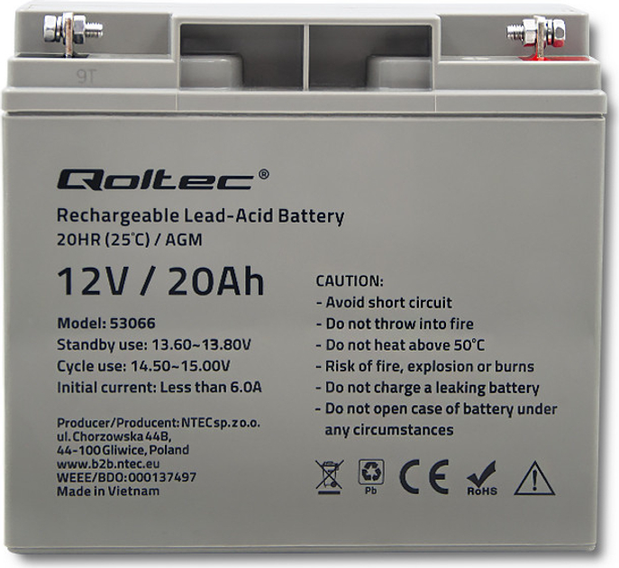Акумуляторна батарея Qoltec AGM 12V 20Ah max. 300A 53066 (5901878530666) - зображення 2