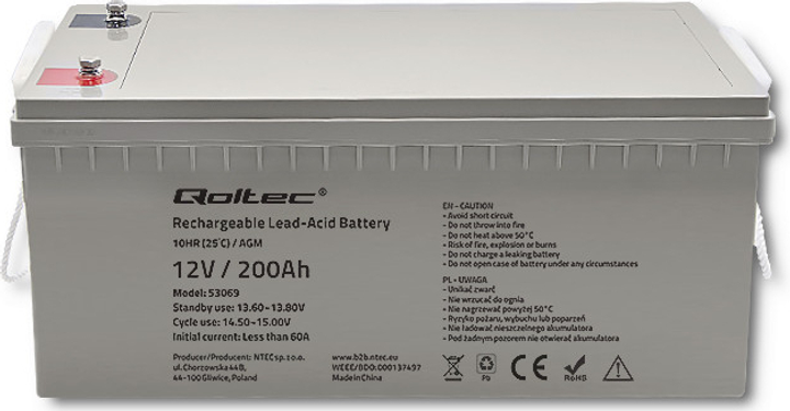 Akumulator Qoltec AGM 12V 200Ah max. 3000A 54.1kg 53069 (5901878530697) - obraz 4