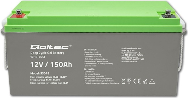 Акумуляторна батарея Qoltec żelowy Deep Cycle 12V 150Ah 44.5kg 53078 (5901878530789) - зображення 4