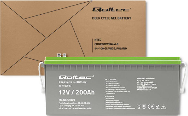 Акумуляторна батарея Qoltec żelowy Deep Cycle 12V 200Ah 62.5kg 53079 (5901878530796) - зображення 7