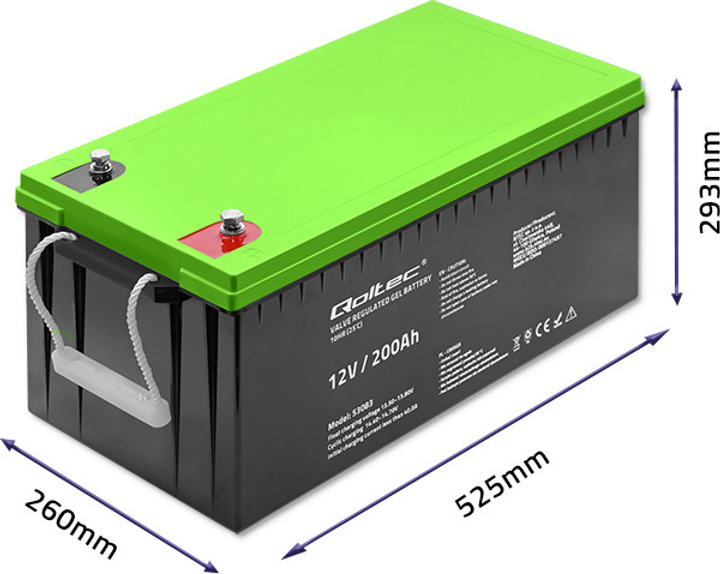 Акумуляторна батарея Qoltec żelowy 12V 200Ah GEL 59.5kg 53083 (5901878530833) - зображення 3