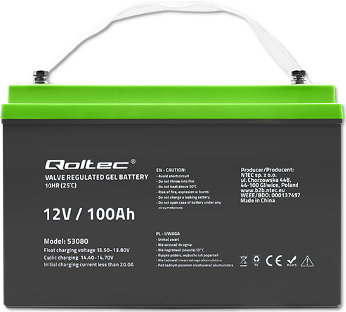 Akumulator Qoltec żelowy 12V 100Ah GEL 29.3kg 53080 (5901878530802) - obraz 2