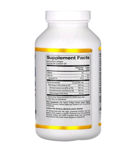Омега-3 риб'ячий жир преміальної якості 180 мг ЕПК / 120 мг ДГК California Gold Nutrition, 240 капсул - зображення 2