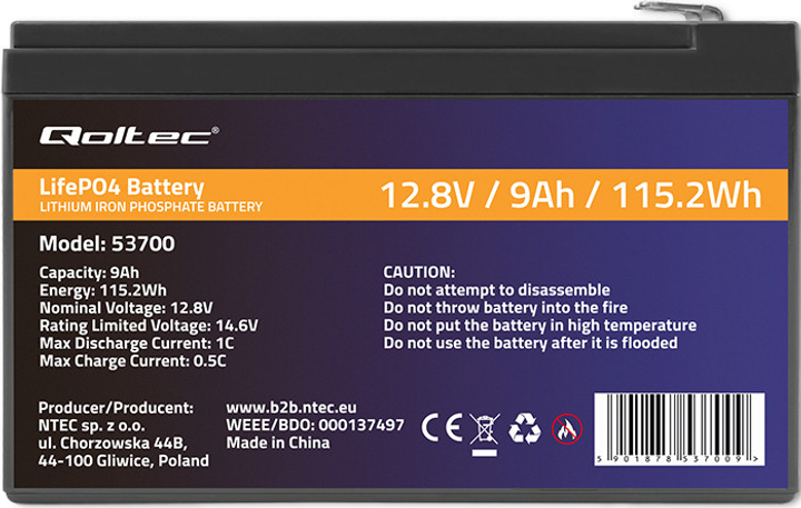 Akumulator Qoltec LiFePO4 Litowo-Żelazowo-Fosforanowy 12.8V 12Ah 153.6Wh BMS 53701 (5901878537016) - obraz 2