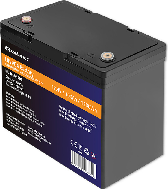 Акумуляторна батарея Qoltec LiFePO4 Літій-залізо-фосфатний 12.8V 100Ah 1280Wh BMS 53705 (5901878537054) - зображення 3