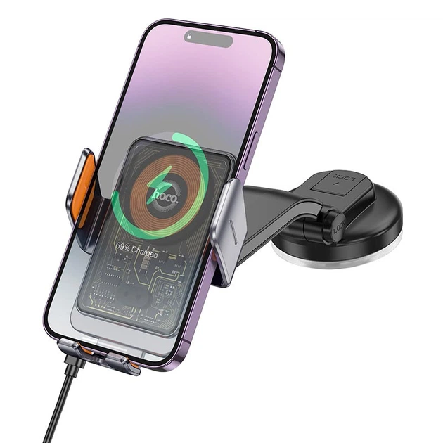 Тримач Hoco Transparent Discovery Edition wireless fast charging Car holder (center console) HW8 |15W| сірий - зображення 3
