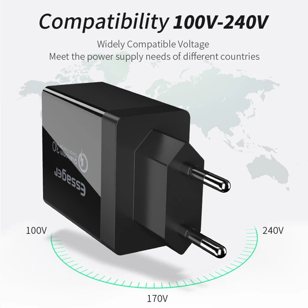 СЗУ Essager Fangbo QC3.0 3U (QC+Dual 2.4A) Charging Head black (ECTQC3-FBB01 - зображення 3