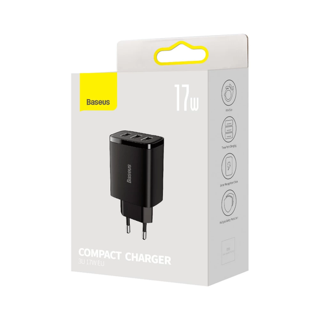 Мережевий зарядний пристрій Baseus Compact Charger 3U 17W EU Black (CCXJ020101) - изображение 2