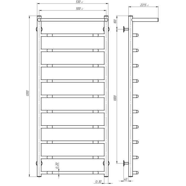 Полотенцесушитель водяной Трапеция с полкой П11 500x1200 В боковое подключение правое черный DEFFI ( TzP 120.50.11.BP.R.B) - изображение 4