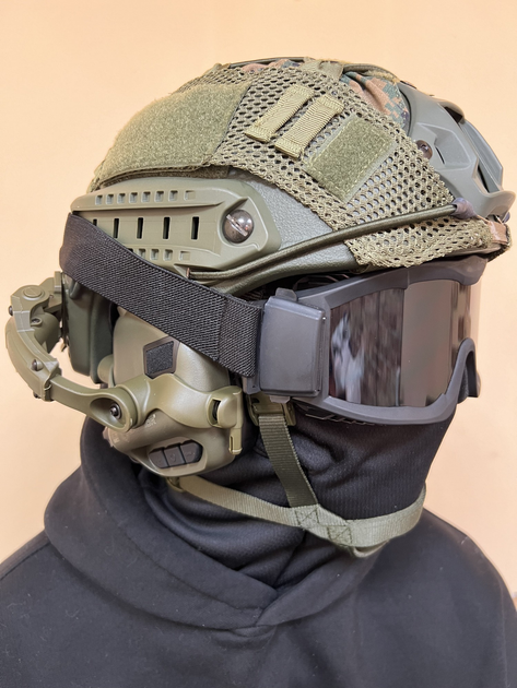 Шлем FAST USA NIJ IIIA L-XL Олива, тактические очки, EARMOR M31 Активные шумоподавляющие стрелковые наушники, крепления, кавер - изображение 1