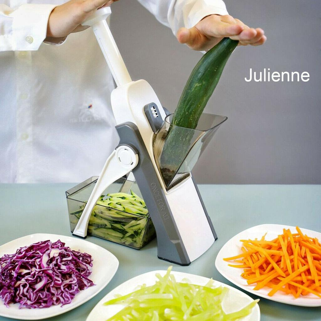 Універсальний слайсер овочерізка для овочів та фруктів Brava Spring Multislicer з контейнером, ручний мультислайсер, терка - изображение 5