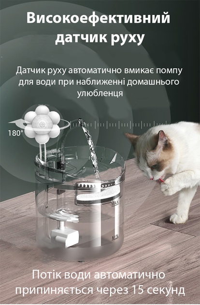 Поїлка-фонтан для котів та собак WF060 2л з датчиком руху та автоматичним відключенням - Фото 3 Поїлка-фонтан для котів та собак WF060 2л з датчиком руху та автоматичним відключенням - зображення 3