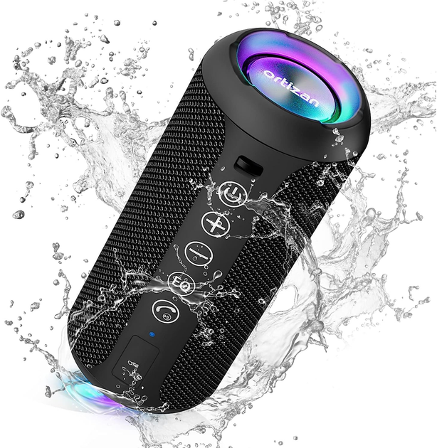 Bluetooth колонка Ortizan з кольоровим світлодіодним підсвічуванням, захистом від води IPX7 та об'ємним звуком на 360° - изображение 1