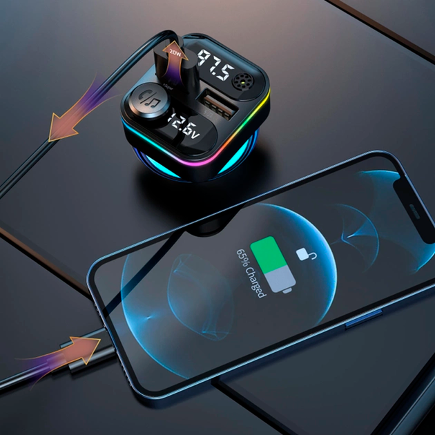 Автомобильный FM ФМ модулятор Terra С37, Bluetooth 5.0, трансмиттер, вольтметр, быстрая зарядка QC3.0 - изображение 4