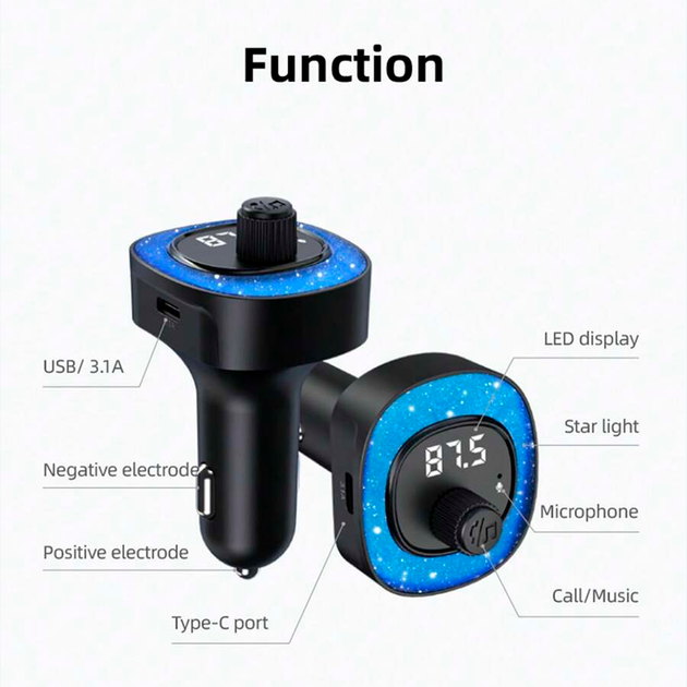 Автомобильный FM ФМ модулятор Terra С41, Bluetooth 5.0, трансмиттер, USB 3.1А, Type C - изображение 5