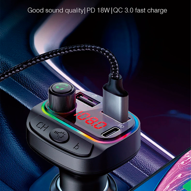 Автомобильный FM ФМ модулятор Terra С14, Bluetooth 5.0, трансмиттер, быстрая зарядка QC 3.0 - изображение 2