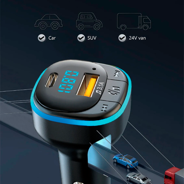Автомобильный FM ФМ модулятор Terra С33, Bluetooth 5.0, трансмиттер, вольтметр, USB 3.1А, Type C - изображение 3
