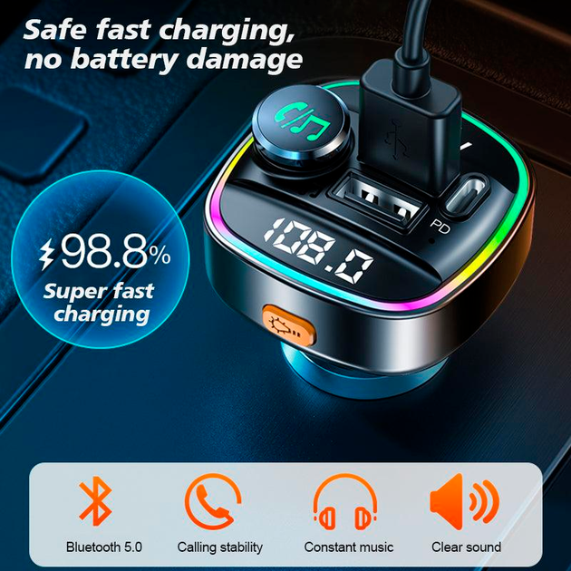 Автомобильный FM ФМ модулятор Terra С22, Bluetooth 5.0, трансмиттер, вольтметр, быстрая зарядка QC3.0 - изображение 3