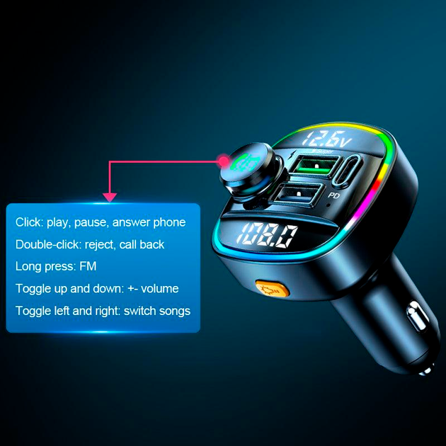 Автомобильный FM ФМ модулятор Terra С22, Bluetooth 5.0, трансмиттер, вольтметр, быстрая зарядка QC3.0 - изображение 9