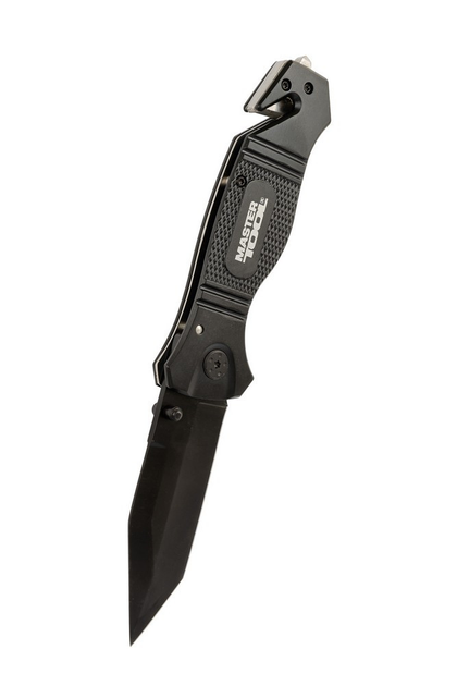 Нож складной MASTERTOOL "ELMAX" 207х37х16 мм черное нержавеющее лезвие алюминиевая рукоятка стропорез MASN-2473 - изображение 1