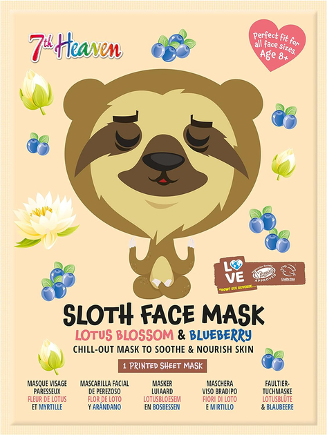 Maseczka do twarzy na tkaninie 7th Heaven Sloth Face Mask Lotus Blossom & Blueberry 26 g (083800052738) - obraz 1