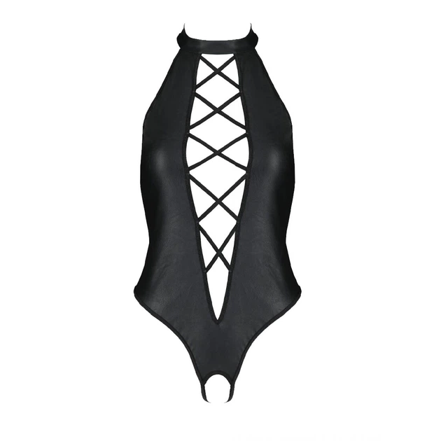 Боді з екошкіри Passion NANCY BODY 6XL/7XL black, з імітацією шнурівки та відкритим доступом - зображення 3