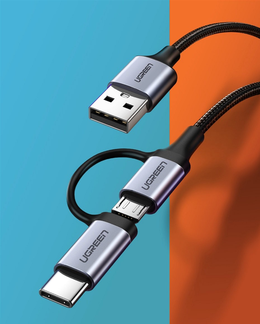 Кабель Ugreen US177 USB 2.0 to Micro + USB Type-C Cable 3 А 1 м Black (6957303838752) - зображення 2