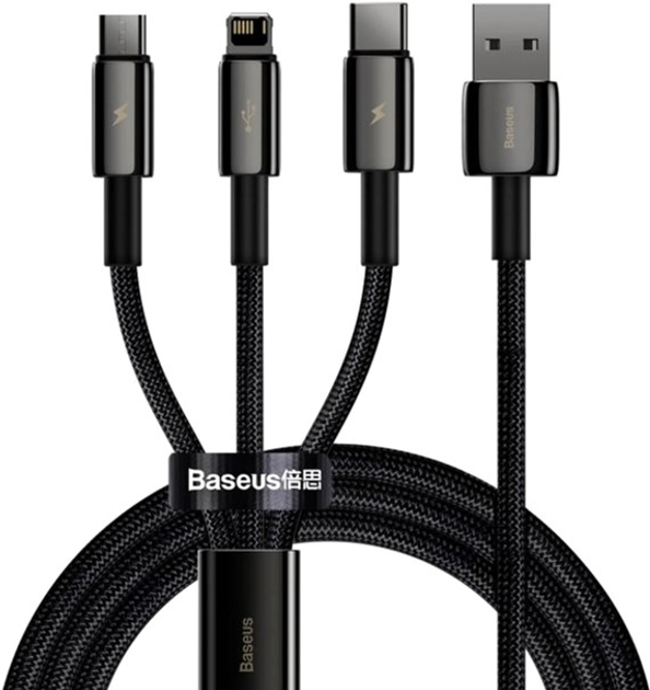 Кабель Baseus Tungsten Gold One-for-three Fast Charging Data Cable USB to M+L+C 3.5 А 1.5 м Black (CAMLTWJ-01) - зображення 1