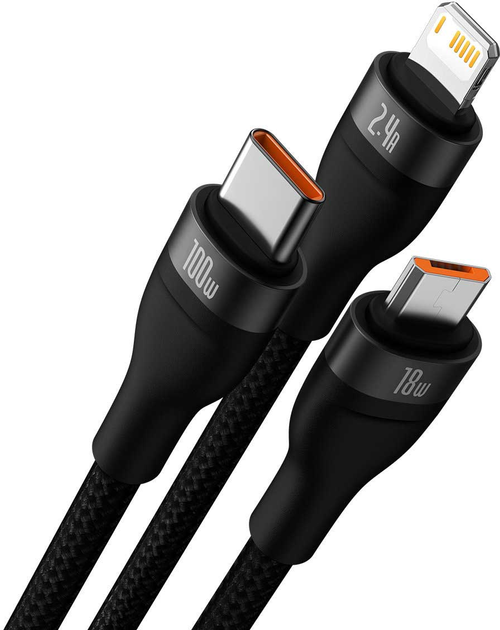 Kabel Baseus Flash Series 2 One-for-three Fast Charging Data Cable USB to M+L+C 100 W 1.2 m Black (CASS030001) - obraz 2