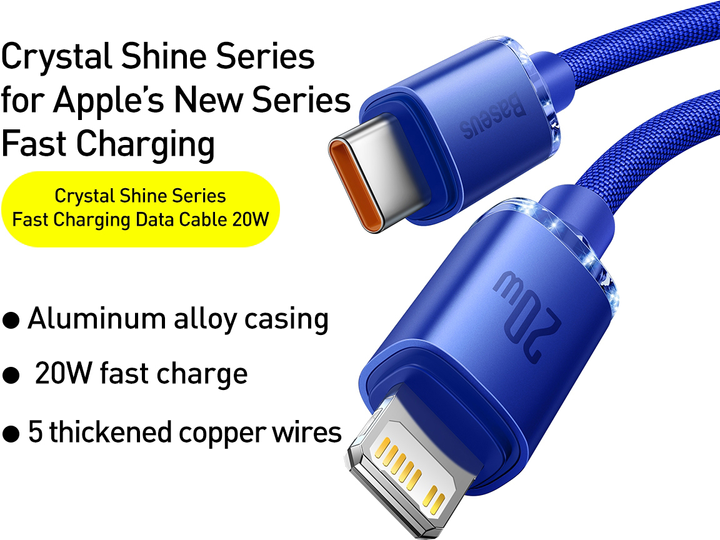 Kabel Baseus Crystal Shine Series Fast Charging Data Cable Type-C to iP 20 W 2 m Blue (CAJY000303) - obraz 2