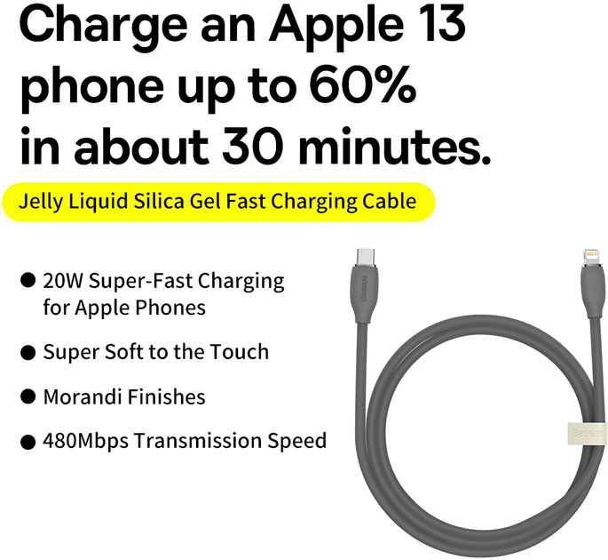 Кабель Baseus Jelly Liquid Silica Gel Fast Charging Data Cable Type-C to iP 20 Вт 1.2 м Black (CAGD020001) - зображення 2