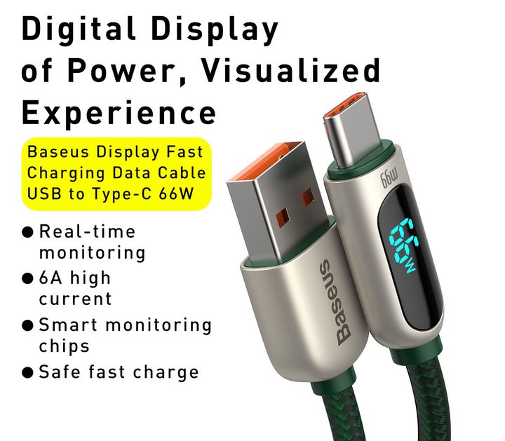 Kabel Baseus Display Fast Charging Data Cable USB to Type-C 66 W 1 m Green (CASX020006) - obraz 2