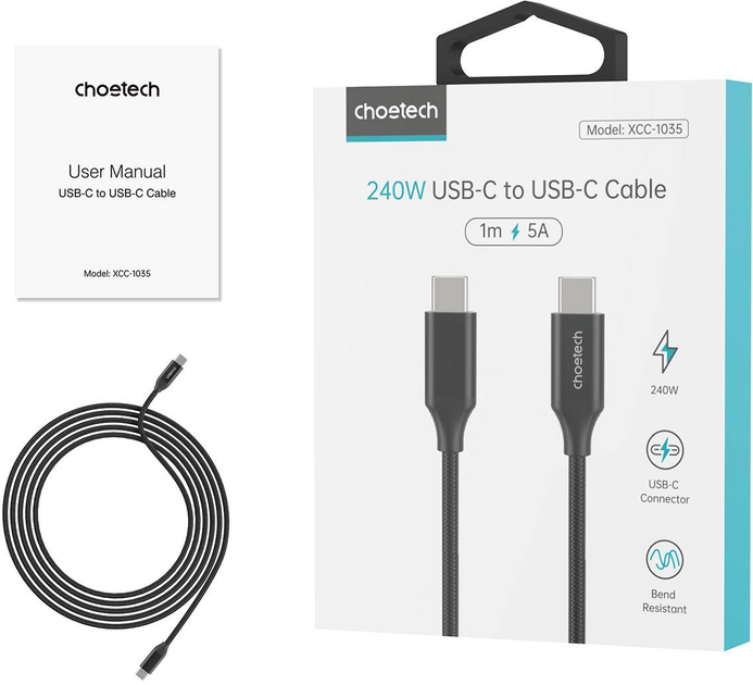Kabel Choetech USB Type-C - USB Type-C 1.2 m Gen2 240 W (XCC-1035) - obraz 3