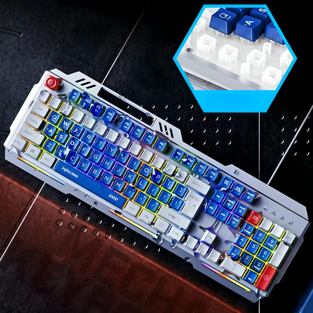 Клавіатура INPHIC K9 MECHA дротова повнорозмірна з регульованим підсвічуванням RGB, безшумна, синьо-білий (Eng) - зображення 6