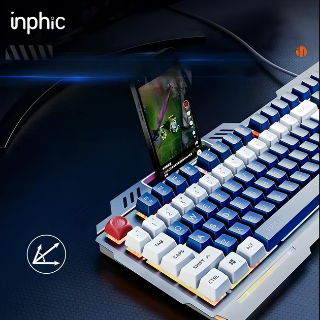 Клавіатура INPHIC K9 MECHA дротова повнорозмірна з регульованим підсвічуванням RGB, безшумна, синьо-білий (Eng) - зображення 8