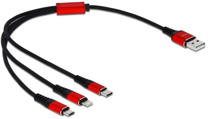 Kabel Delock USB Type-A - micro-USB + Lightning + USB Type-C M/M 0.3 m Black/Red (4043619858910) - obraz 1