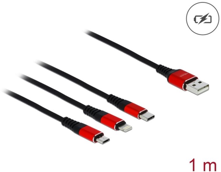 Kabel Delock USB Type-A - micro-USB-B + Lightning + USB Type-C M/M 1 m Black/Red (4043619858927) - obraz 1