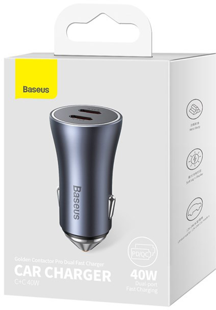 Ładowarka samochodowa Baseus Golden Contactor Pro Dual Fast Charger Car Charger C+C 40 W Dark Gray (CGJP000013) - obraz 6