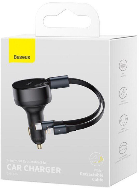 Автомобільний зарядний пристрій Baseus Enjoyment Retractable 2-in-1 Car Charger C+L 30 Вт Black (CGTX000001) - зображення 6