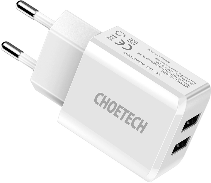 Мережевий зарядний пристрій Choetech C0030EU-WH 2 USB 5 В/2 А (C0030 EU) - зображення 1