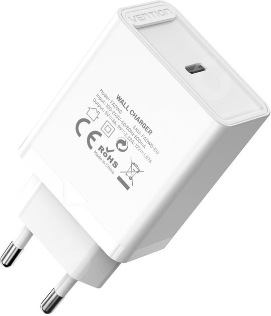 Зарядний пристрій Vention USB Type C + QC4.0 20 Вт White (FADW0-EU) - зображення 2