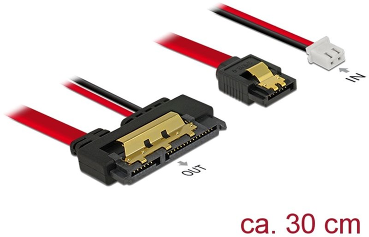 Кабель Delock SATA-III 22 Pin - SATA 7 Pin + 2 Pin Power F/F/F 0.3 м Red/Black (4043619852420) - зображення 1