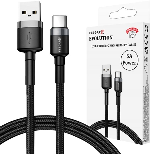 Kabel Feegar USB Type-A – USB Type-C M/M 1 m Black/Gray (5904610880128) - obraz 1