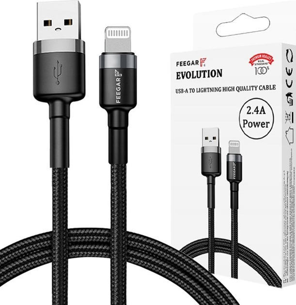 Кабель Feegar USB Type-A – Lightning M/M 1 м Black/Gray (5904610880159) - зображення 1