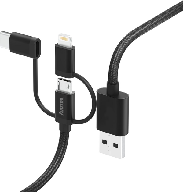 Kabel Hama USB Type-A - micro-USB + USB Type-C + Lightning M/M 0.2 m. Black (4047443410863) - obraz 2