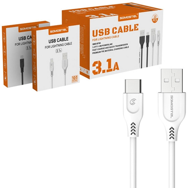 Kabel Somostel USB Type-A - USB Type-C 3.1A 1 m White (5902012966860) - obraz 1
