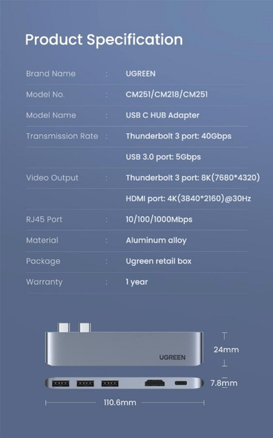 Hub USB Ugreen CM251 2 x USB Type-C to 3xUSB 3.0 Gray (6957303865604) - obraz 7