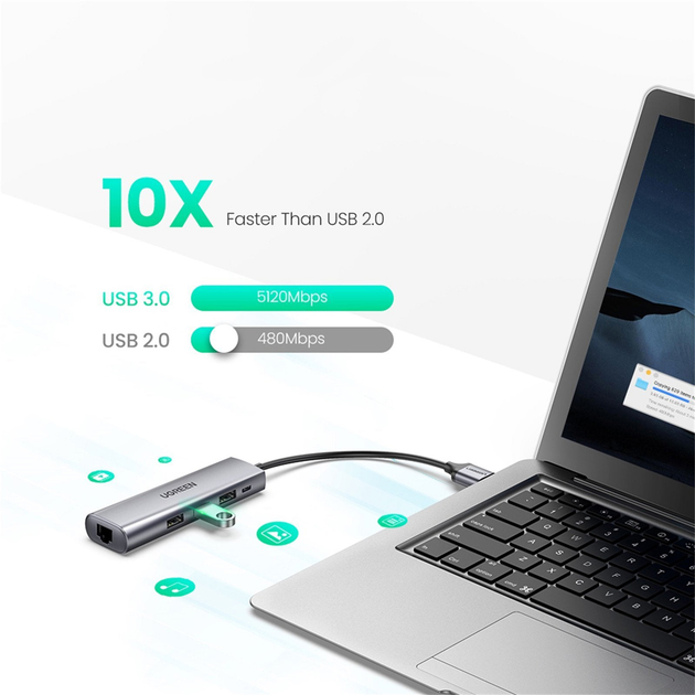Stacja dokująca Ugreen CM266 USB A 3.0 - USB 3.0 x 3 RJ-45 Micro USB Gray (6957303868124) - obraz 3