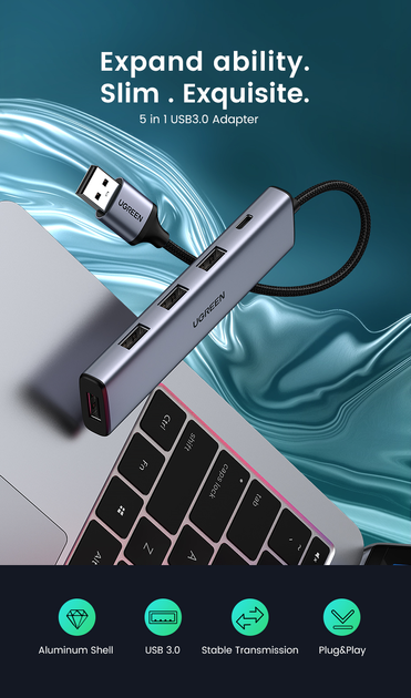 USB-хаб Ugreen CM473 USB 3.0 to 4-Port USB 3.0 Hub Space Gray (6957303828050) - зображення 2